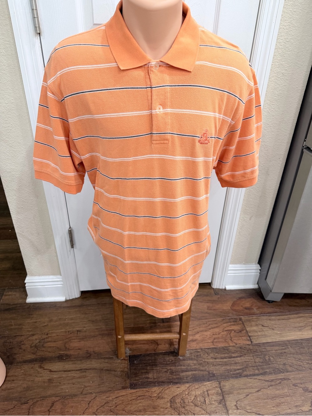 IZOD Peach Orange Stripe Polo Shirt Men’s L Cotton Golf Preppy Coastal